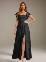 Free Shipping Floral Lace A-Line Bridesmaid Dress Square Neck Short Sleeves Side Slit