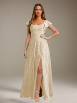Free Shipping Floral Lace A-Line Bridesmaid Dress Square Neck Short Sleeves Side Slit