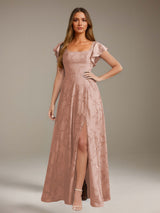 Free Shipping Floral Lace A-Line Bridesmaid Dress Square Neck Short Sleeves Side Slit