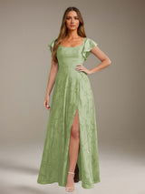 Free Shipping Floral Lace A-Line Bridesmaid Dress Square Neck Short Sleeves Side Slit