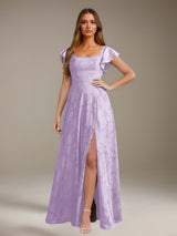Free Shipping Floral Lace A-Line Bridesmaid Dress Square Neck Short Sleeves Side Slit
