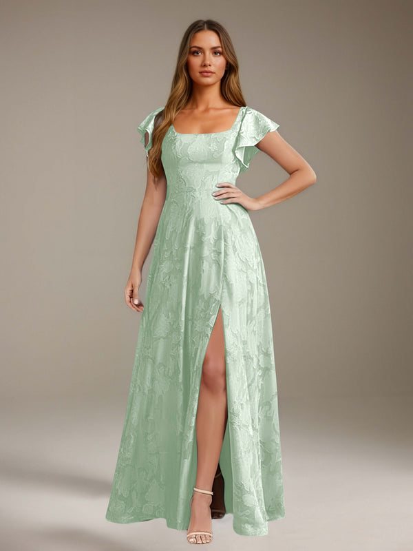 Mint Green Free Shipping Floral Lace A-Line Bridesmaid Dress Square Neck Short Sleeves Side Slit