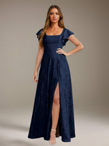Free Shipping Floral Lace A-Line Bridesmaid Dress Square Neck Short Sleeves Side Slit