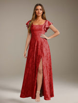 Free Shipping Floral Lace A-Line Bridesmaid Dress Square Neck Short Sleeves Side Slit
