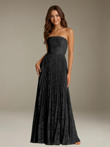 Free Shipping Floral Lace A-Line Prom Dress Strapless Floor-Length with Pleats