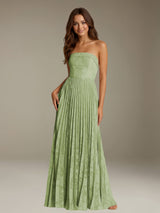 Free Shipping Floral Lace A-Line Prom Dress Strapless Floor-Length with Pleats
