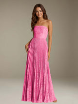 Free Shipping Floral Lace A-Line Prom Dress Strapless Floor-Length with Pleats