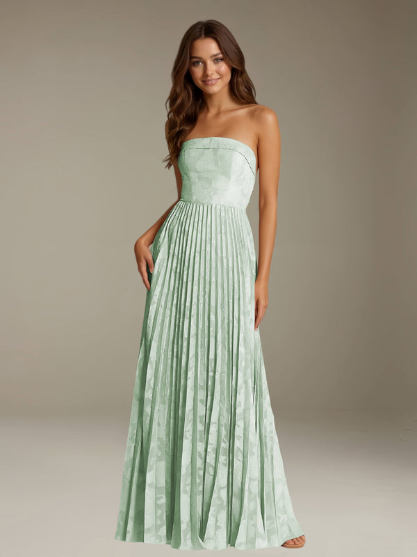 Mint Green Free Shipping Floral Lace A-Line Prom Dress Strapless Floor-Length with Pleats