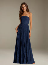 Free Shipping Floral Lace A-Line Prom Dress Strapless Floor-Length with Pleats