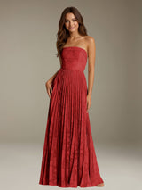 Free Shipping Floral Lace A-Line Prom Dress Strapless Floor-Length with Pleats