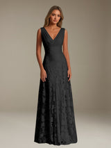 Free Shipping Floral Lace Bridesmaid Dress V-Neck Sleeveless Floor Length