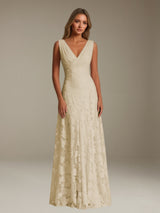 Free Shipping Floral Lace Bridesmaid Dress V-Neck Sleeveless Floor Length