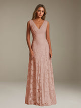 Free Shipping Floral Lace Bridesmaid Dress V-Neck Sleeveless Floor Length