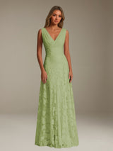 Free Shipping Floral Lace Bridesmaid Dress V-Neck Sleeveless Floor Length