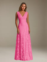 Free Shipping Floral Lace Bridesmaid Dress V-Neck Sleeveless Floor Length