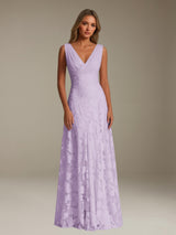 Free Shipping Floral Lace Bridesmaid Dress V-Neck Sleeveless Floor Length