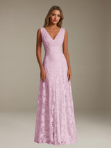 Free Shipping Floral Lace Bridesmaid Dress V-Neck Sleeveless Floor Length