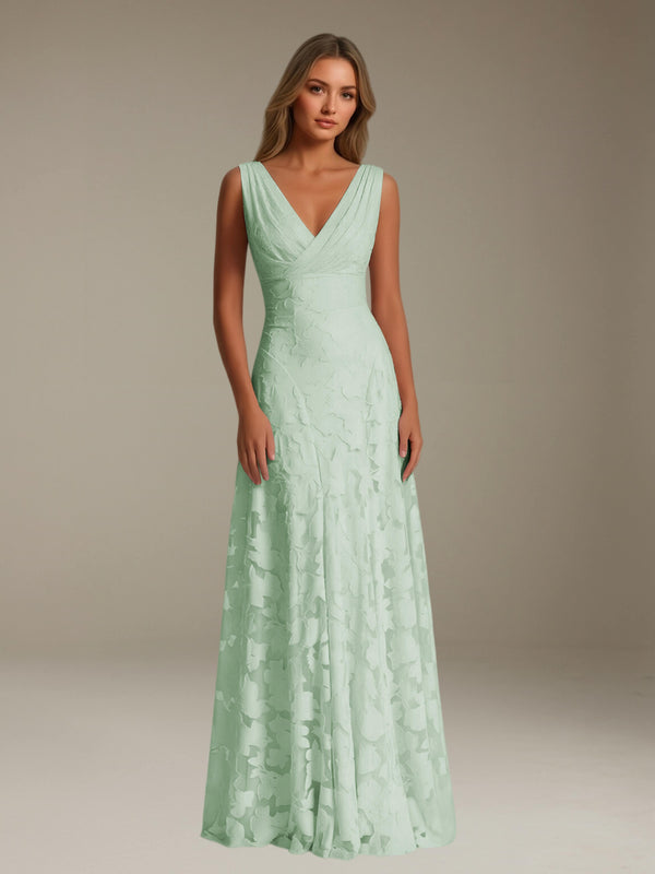 Mint Green Free Shipping Floral Lace Bridesmaid Dress V-Neck Sleeveless Floor Length