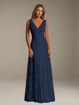 Free Shipping Floral Lace Bridesmaid Dress V-Neck Sleeveless Floor Length