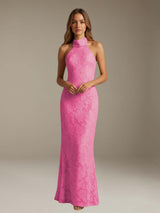 Free Shipping Floral Lace Sheath Wedding Guest Dress Halter Neck Backless Bow Tie Floor Length