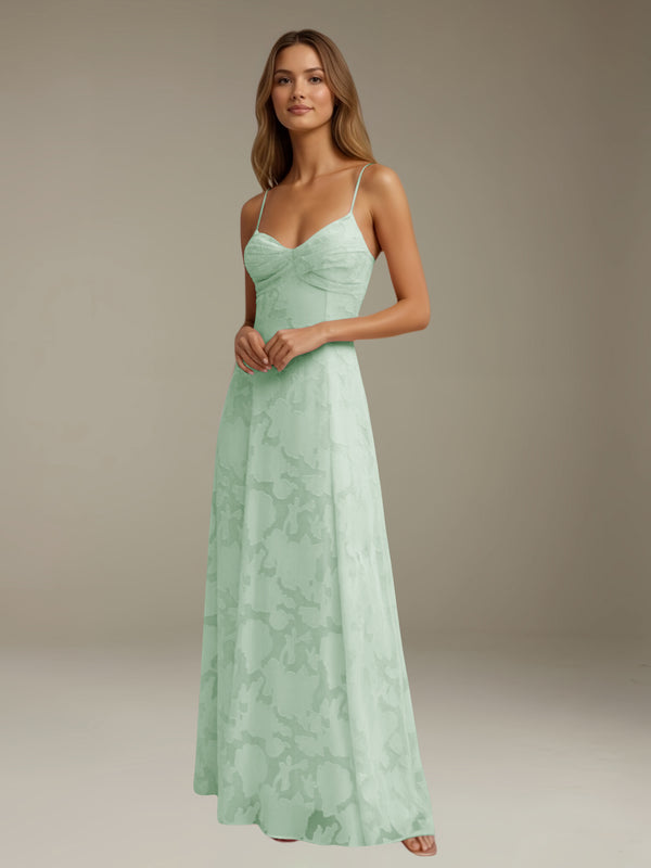 Mint Green Free Shipping Floral Lace Spaghetti Straps Prom Dress Ankle Length with Ruffles