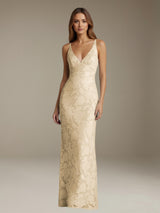 Free Shipping Floral Lace Wedding Guest Dress V-Neck Sleeveless Floor Length Spring Style