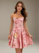 Free Shipping Floral Mini Homecoming Dress with Spaghetti Straps and Corset Back