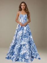 Floral Prom Dress Spaghetti Straps Lace-Up Back
