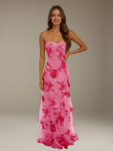 Free Shipping Floral Ruffle Prom Dress Spaghetti Straps Floor Length