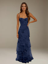 Free Shipping Floral Ruffle Prom Dress Spaghetti Straps Floor Length