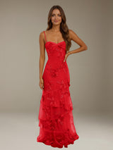 Free Shipping Floral Ruffle Prom Dress Spaghetti Straps Floor Length
