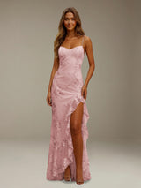 Free Shipping Floral Spaghetti Strap Prom Dress Floor Length with Side Slit
