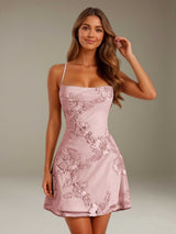 Free Shipping Floral Spaghetti Straps Lace-Up Back Short Prom Dress