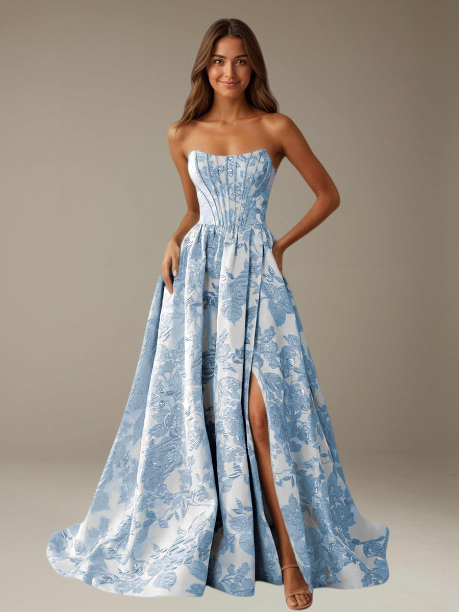 Blue Floral Strapless Prom Dress A-Line with Side Slit