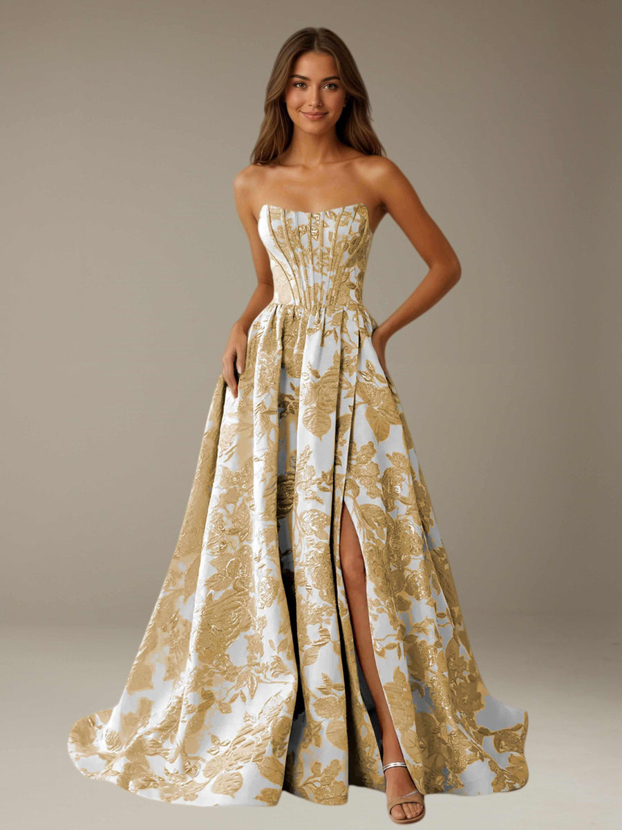 Gold Floral Strapless Prom Dress A-Line with Side Slit