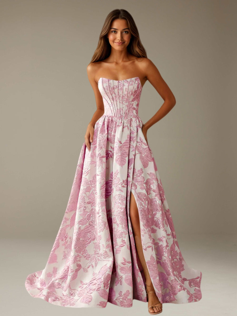 Pink Floral Strapless Prom Dress A-Line with Side Slit