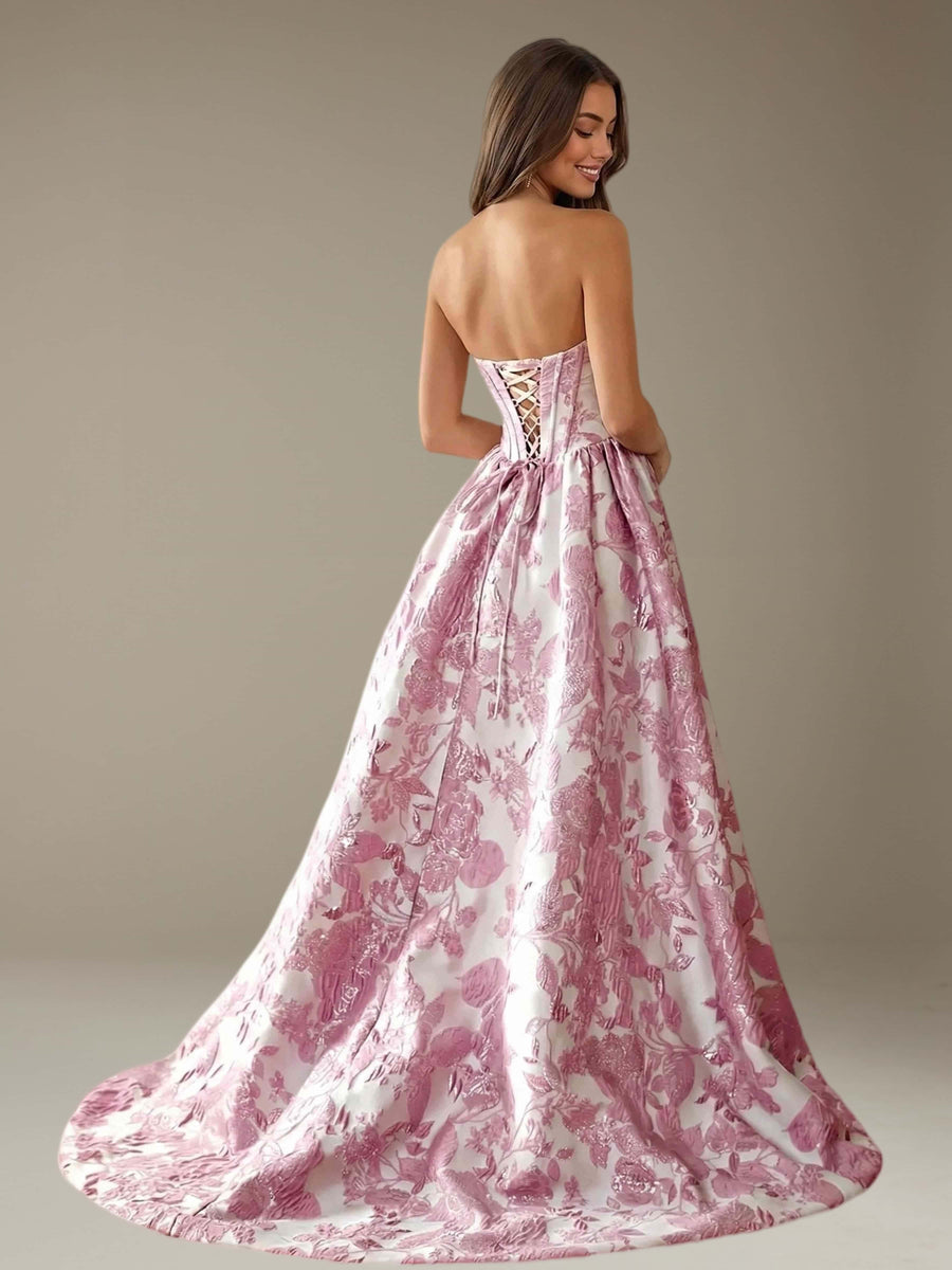 Pink Floral Strapless Prom Dress A-Line with Side Slit