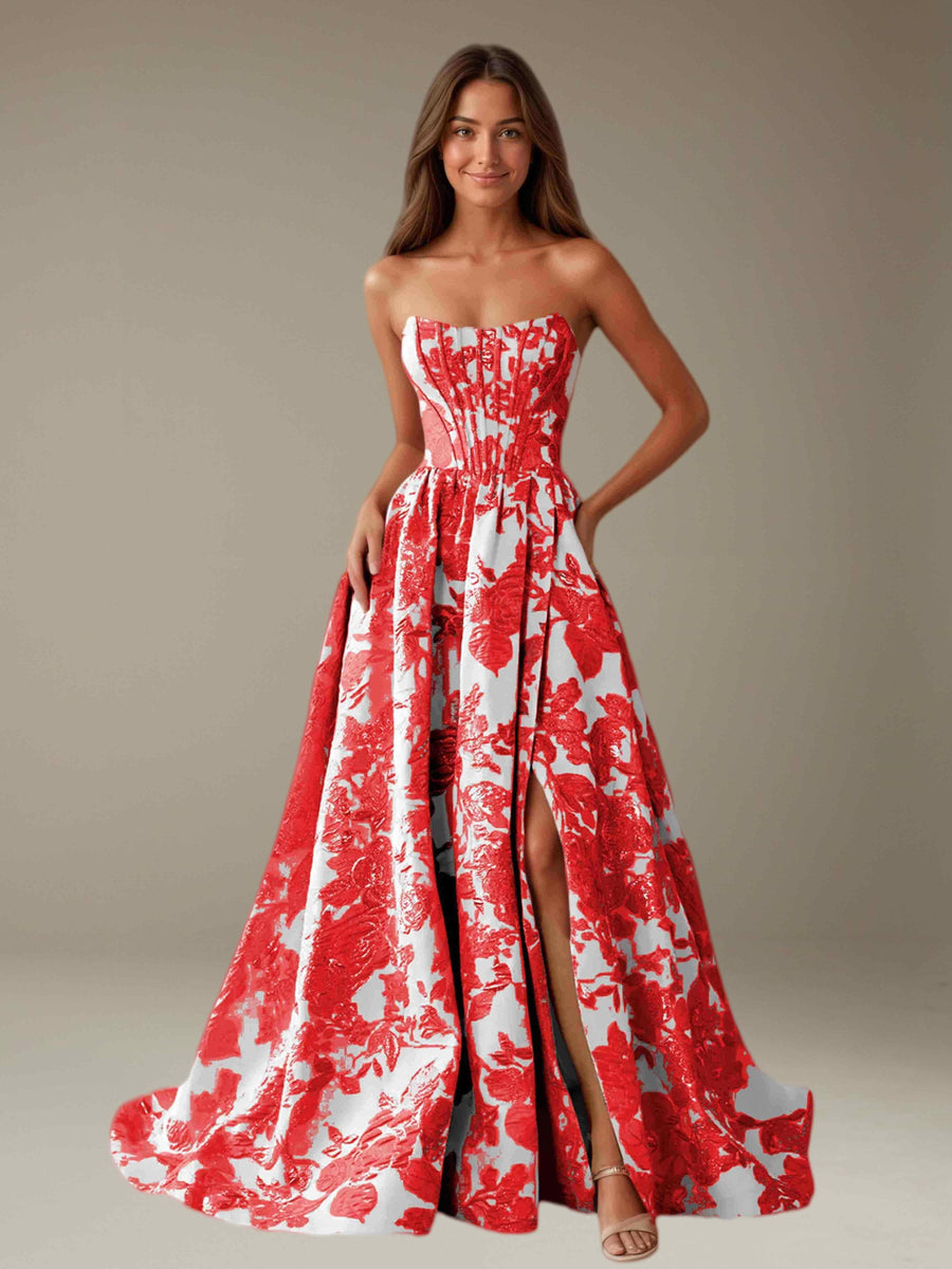 Red Floral Strapless Prom Dress A-Line with Side Slit