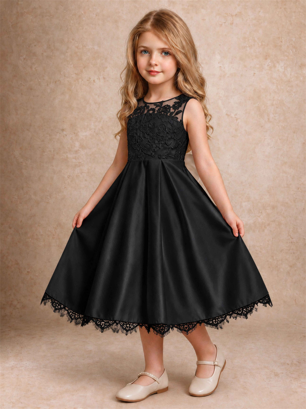 Flower Girl Dress Sleeveless Floral Lace Knee Length Lace Hem First Communion Dress
