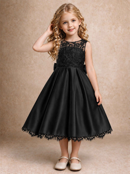 Flower Girl Dress Sleeveless Floral Lace Knee Length Lace Hem First Communion Dress