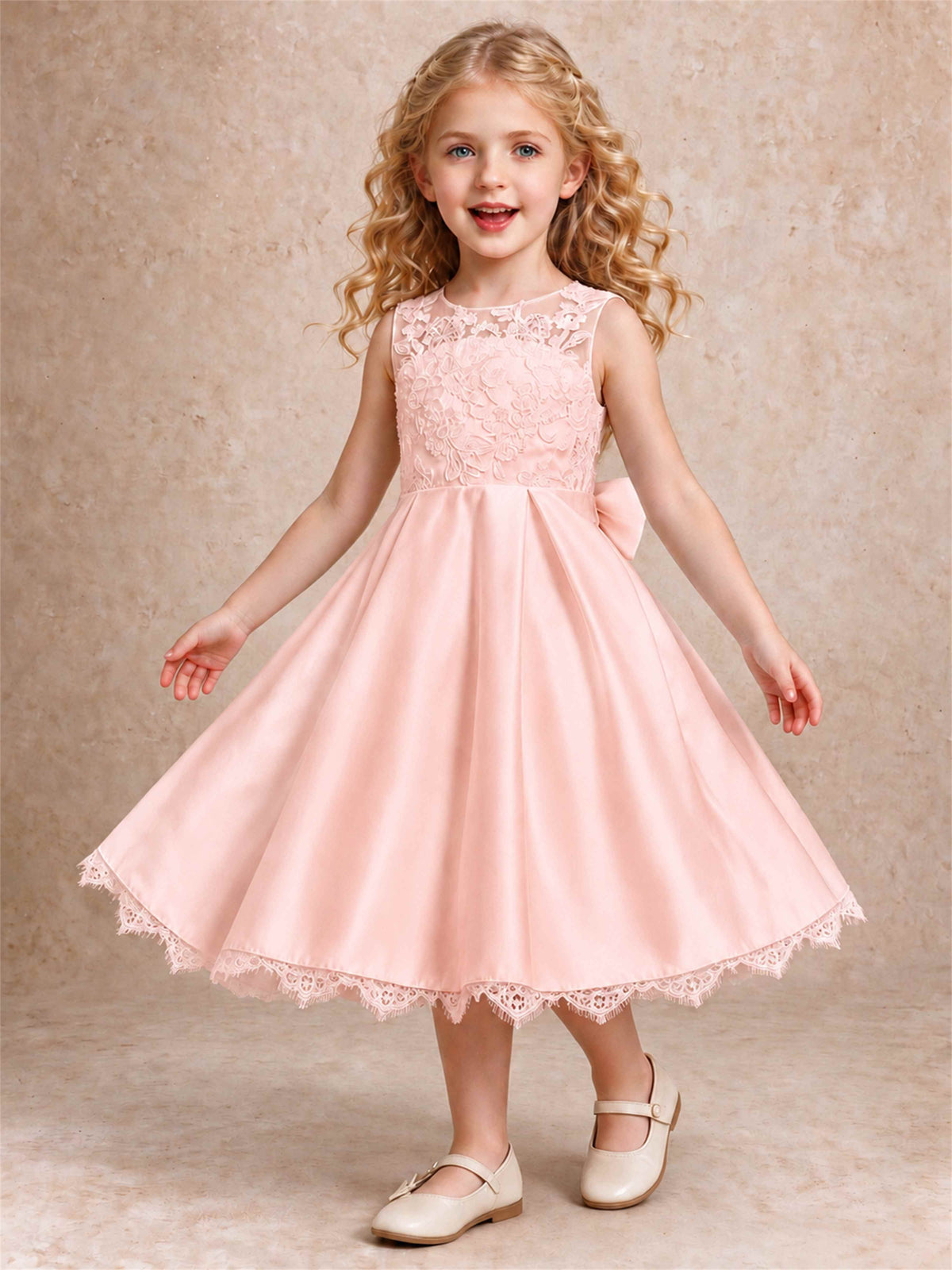 Flower Girl Dress Sleeveless Floral Lace Knee Length Lace Hem First Communion Dress