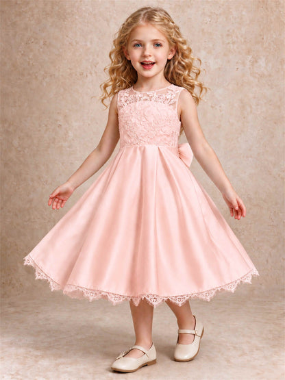 Flower Girl Dress Sleeveless Floral Lace Knee Length Lace Hem First Communion Dress