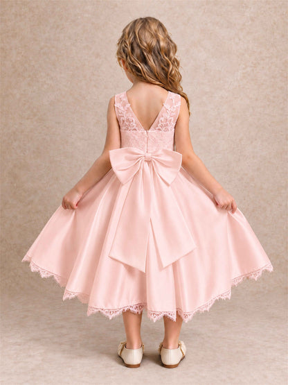 Flower Girl Dress Sleeveless Floral Lace Knee Length Lace Hem First Communion Dress