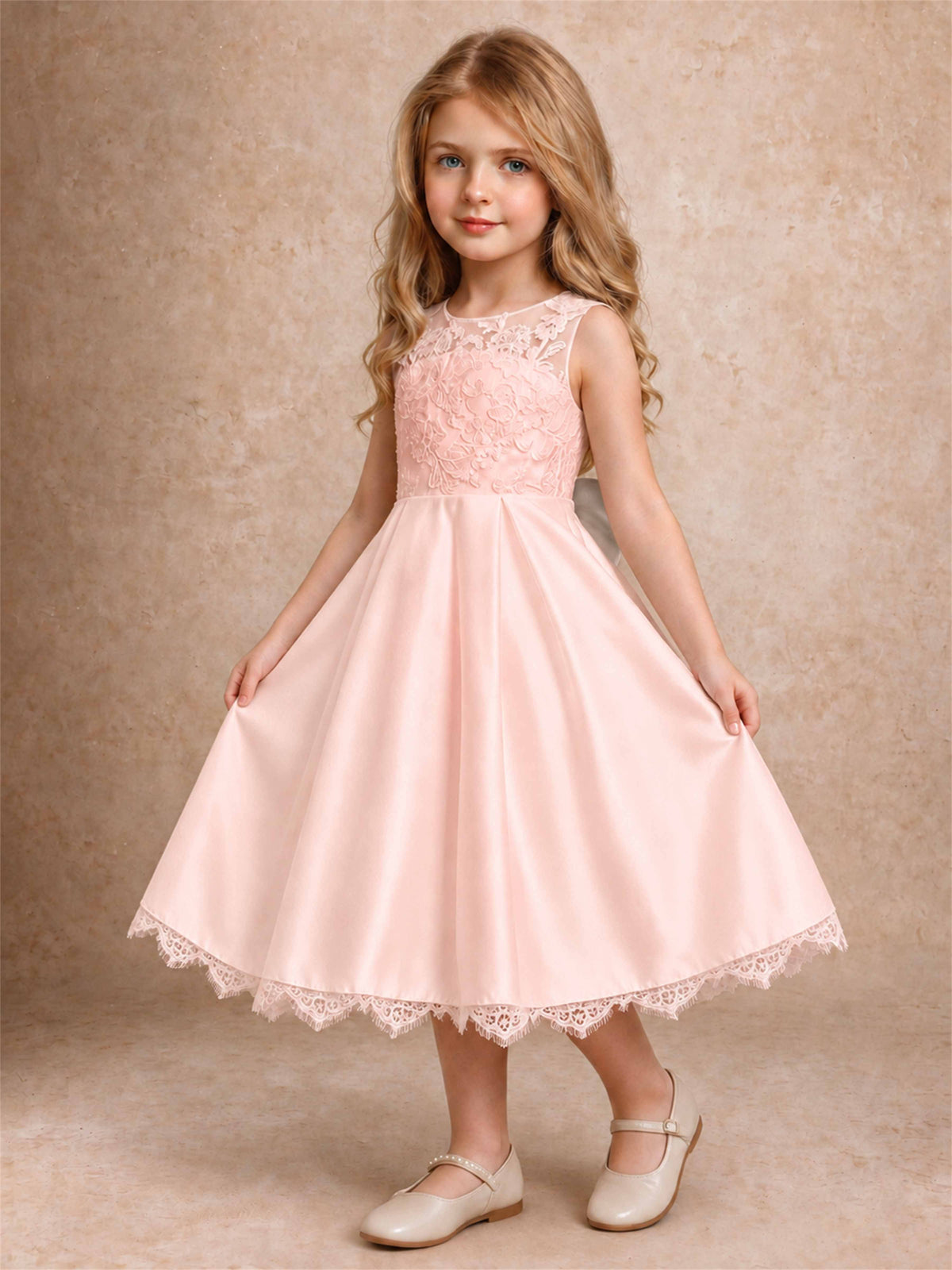 Flower Girl Dress Sleeveless Floral Lace Knee Length Lace Hem First Communion Dress