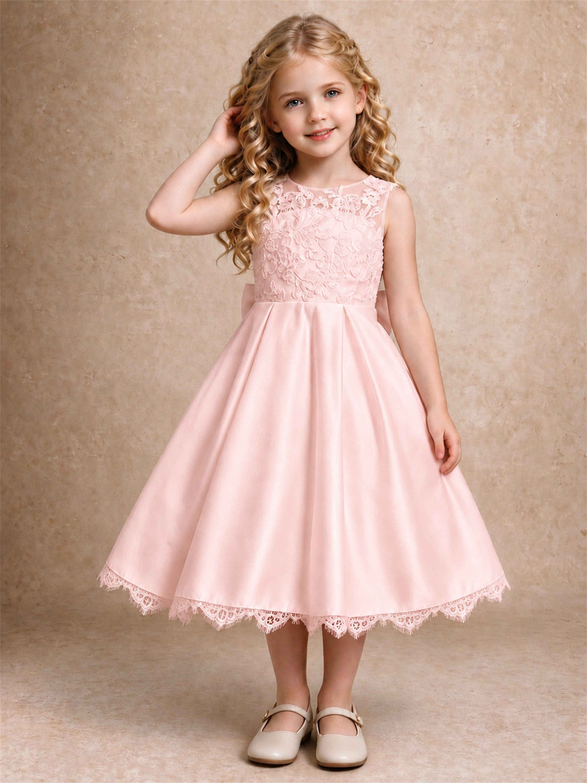 Flower Girl Dress Sleeveless Floral Lace Knee Length Lace Hem First Communion Dress
