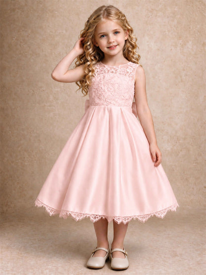 Flower Girl Dress Sleeveless Floral Lace Knee Length Lace Hem First Communion Dress