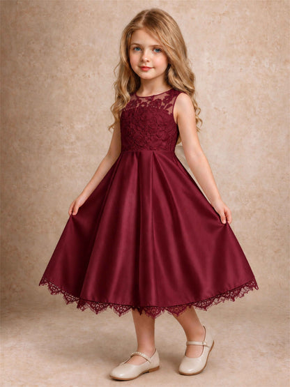 Flower Girl Dress Sleeveless Floral Lace Knee Length Lace Hem First Communion Dress