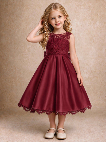 Flower Girl Dress Sleeveless Floral Lace Knee Length Lace Hem First Communion Dress
