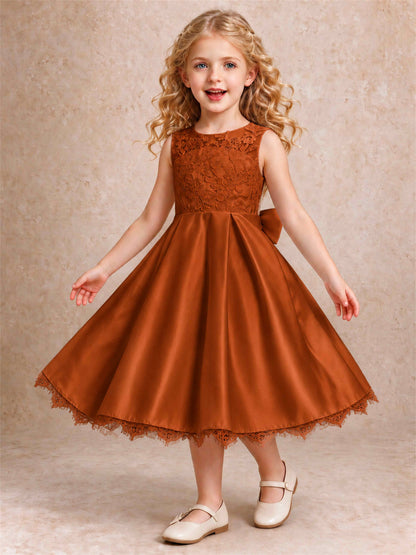 Flower Girl Dress Sleeveless Floral Lace Knee Length Lace Hem First Communion Dress