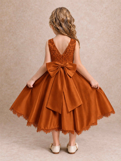 Flower Girl Dress Sleeveless Floral Lace Knee Length Lace Hem First Communion Dress